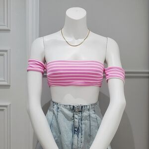 AERIE SWIM- Pink Padded Striped Off-Shoulder Crop Bandeau Top